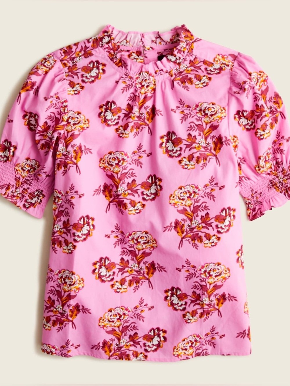NWT J. Crew pink floral smocked puff sleeve marigold high neck blouse size small